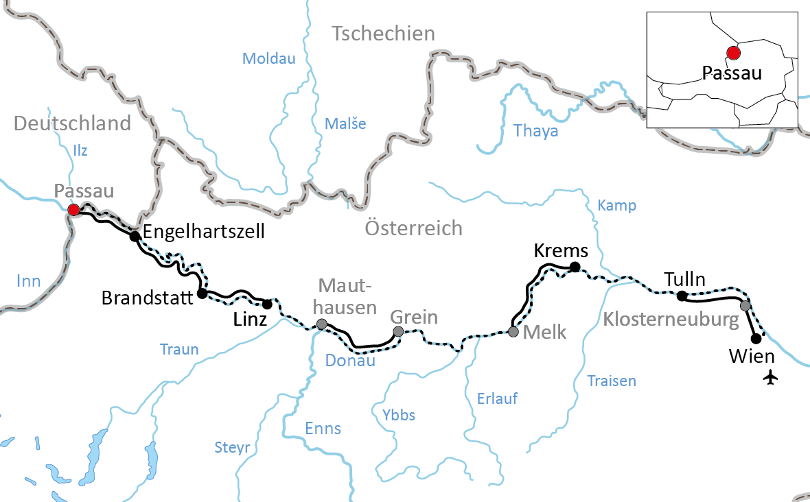 Karte zur Reise mit Rad und Schiff auf der Donau