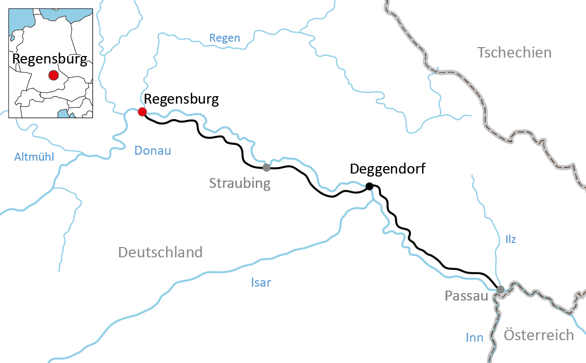 Karte zur sportlichen Radtour von Regensburg nach Passau