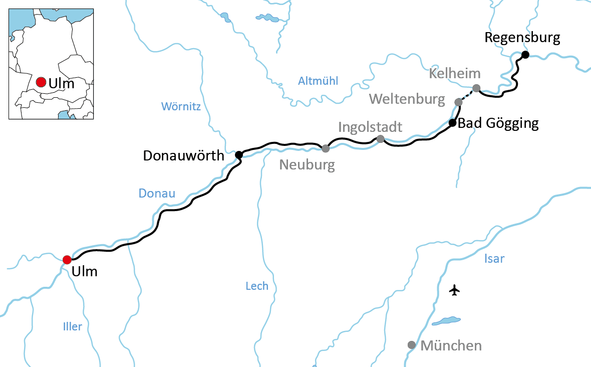 Karte zur sportlichen Radtour von Ulm nach Regensburg