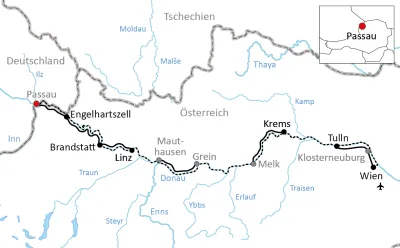 Karte zur Reise mit Rad und Schiff auf der Donau