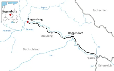 Karte zur sportlichen Radtour von Regensburg nach Passau