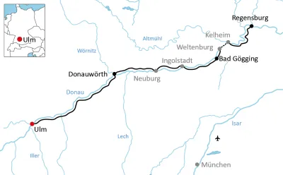 Karte zur sportlichen Radtour von Ulm nach Regensburg