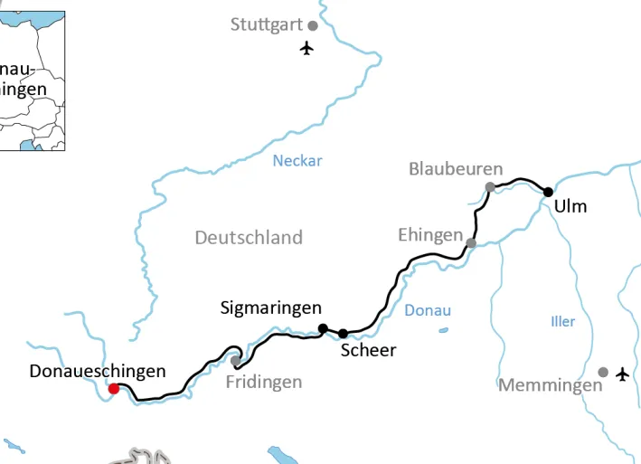 Karte zur sportlichen Radtour an der Donau bis Ulm