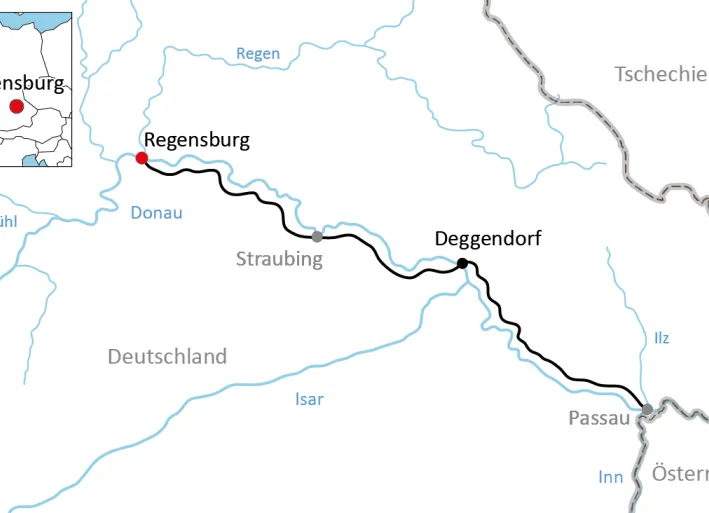 Karte zur sportlichen Radtour von Regensburg nach Passau