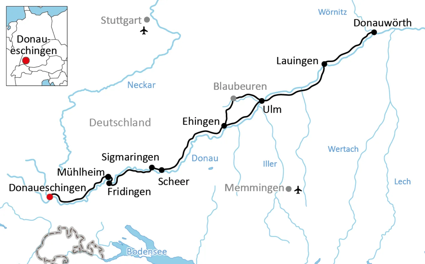 Karte zum Radwandern an der oberen Donau