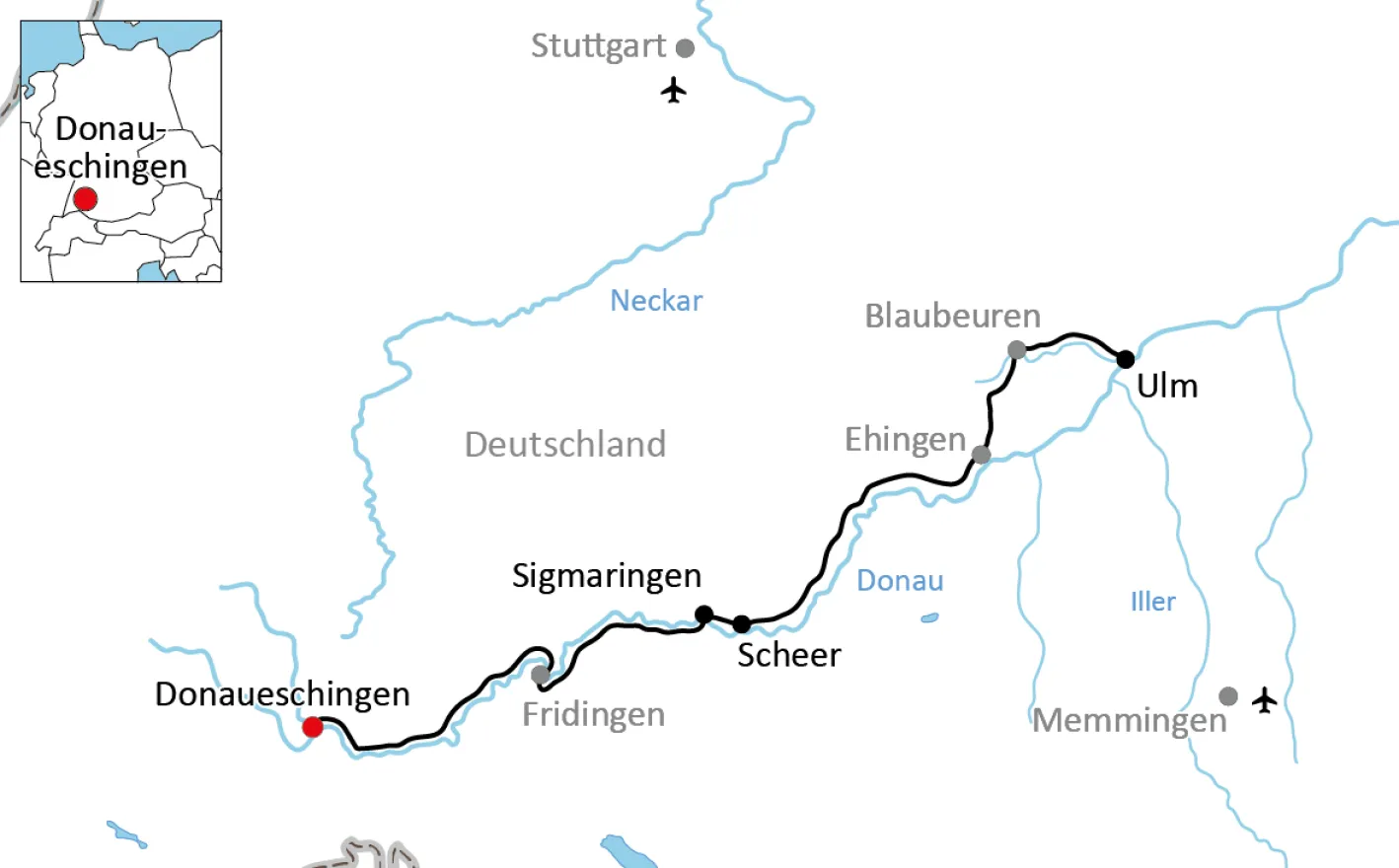 Karte zur sportlichen Radtour an der Donau bis Ulm