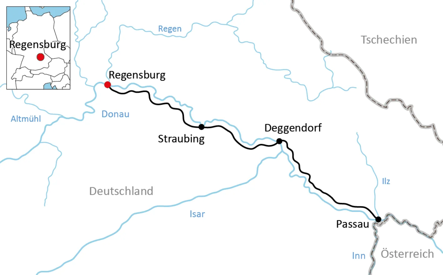 Karte zur Fahrradtour von Regensburg nach Passau