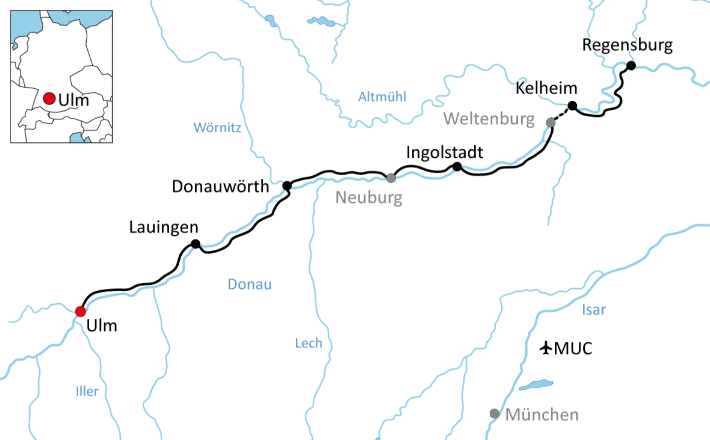 Karte zur Fahrradtour von Ulm nach Regensburg