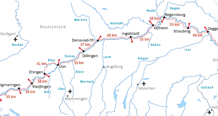 Donau-Radweg Entfernungstabelle von Donaueschingen nach Passau
