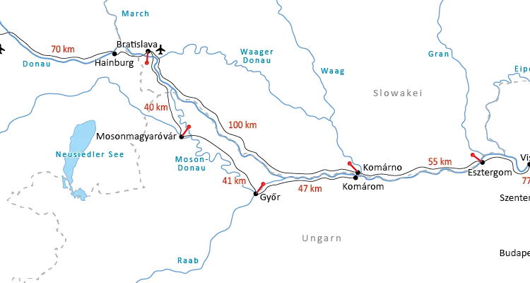 Entfernungen am Donau-Radweg zwischen Wien und Budapest